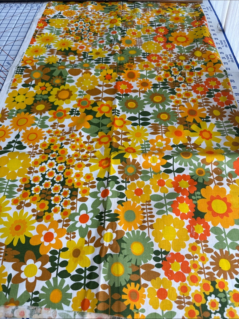 Vintage 1970s House ’N Home Floral Screen Print Fabric 1 Yard MCM Orange Yellow